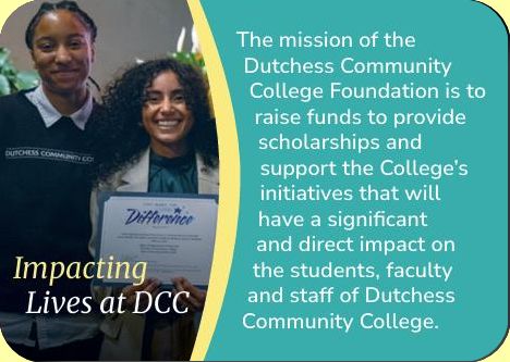 two students pictured holding certificate beside a panel with mission statement 